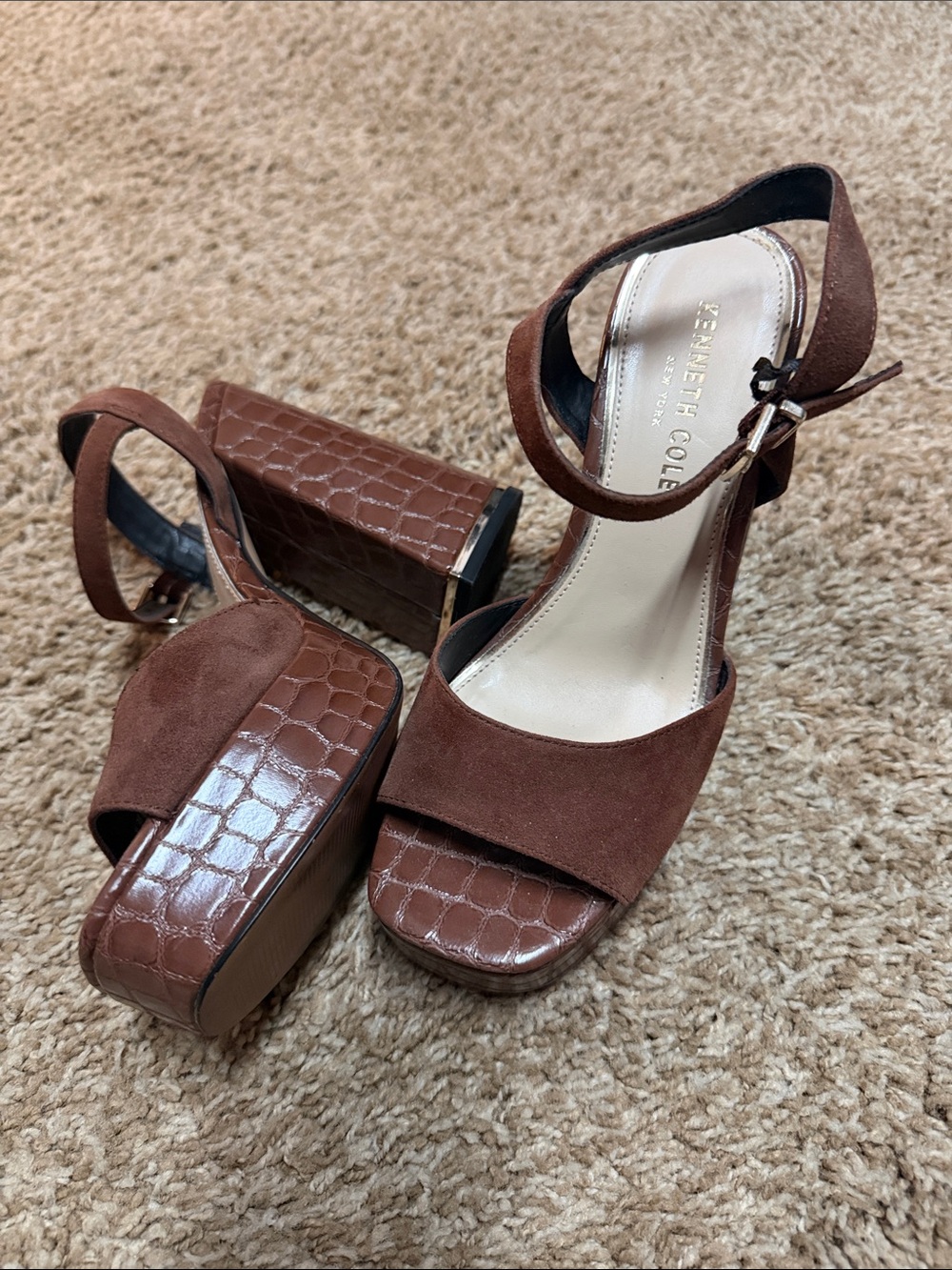 Kenneth Cole Brown Suede Platform Sandals with Croc-Textured Block Heel